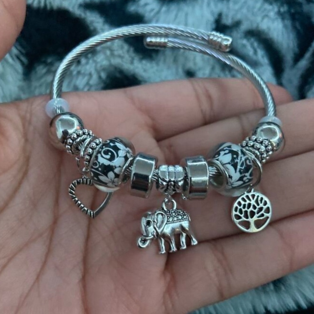 Silver & Navy Blue Charm Bracelet with Elephant, Tree &Heart